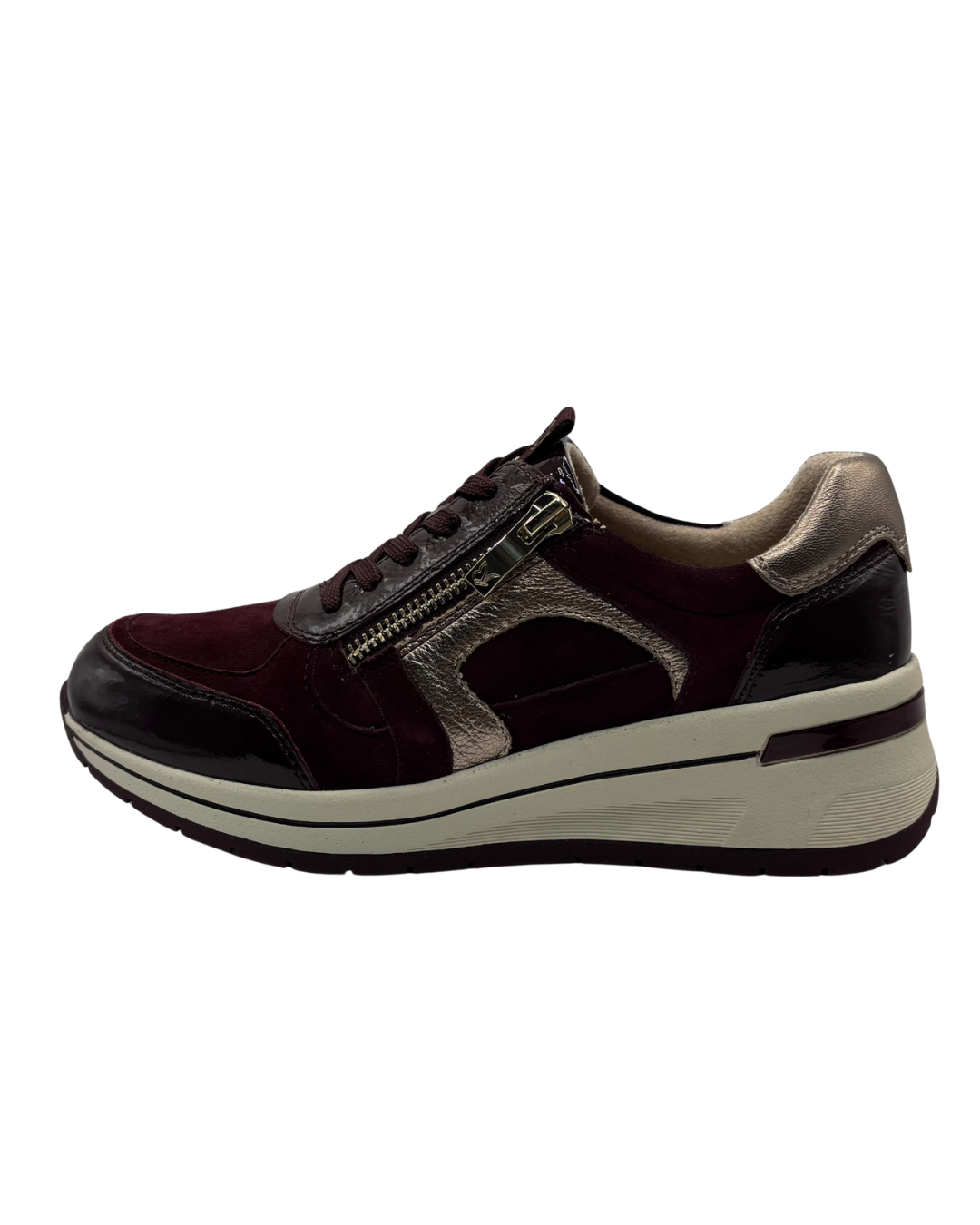 Caprice Burgundy Trainer with Gold Zip Detail