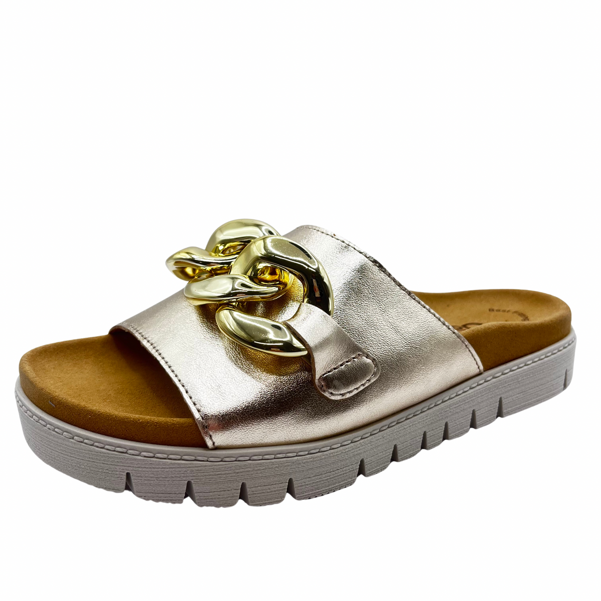 Gabor Gold Leather Slider Sandal With Chain
