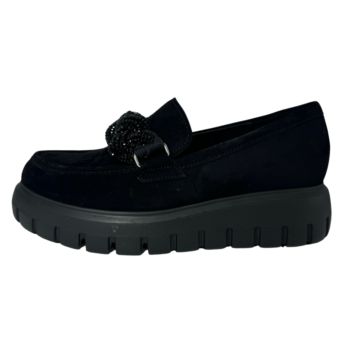 Gabor Black Suede Loafers with Sparkle Chain