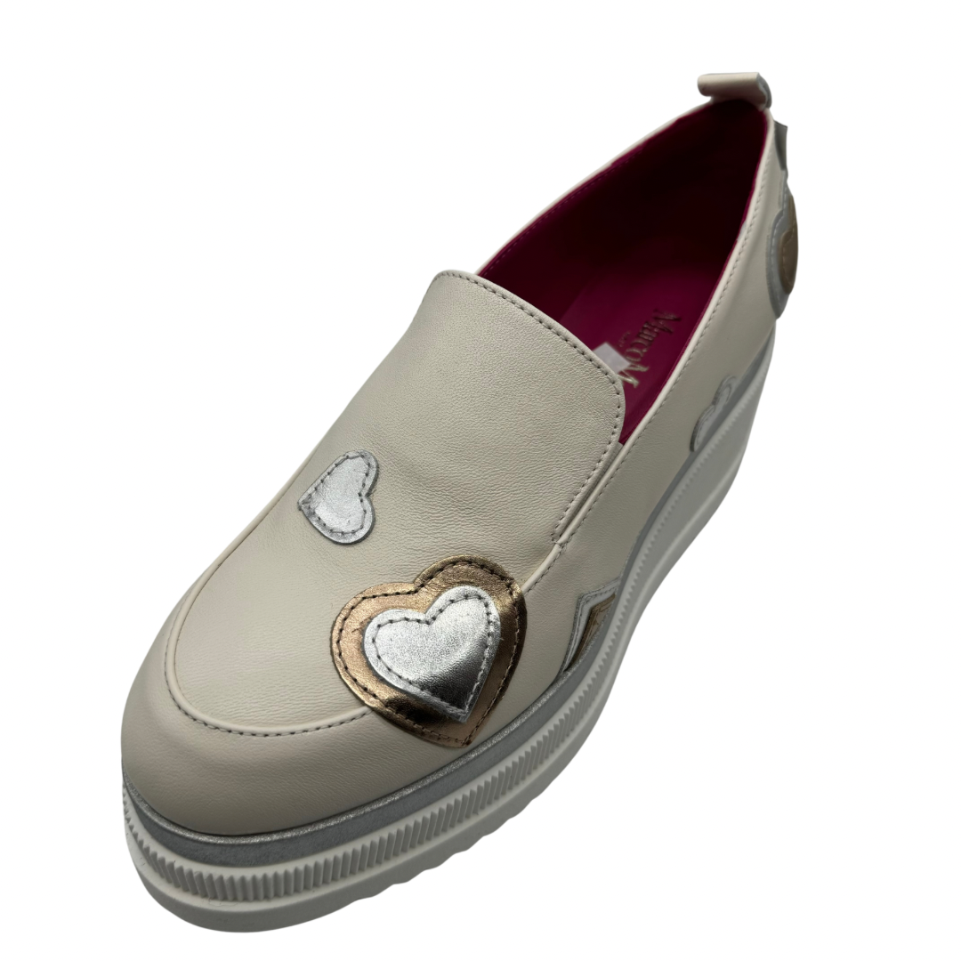 Marco Moreo Cream Leather Wedged Loafer with Hearts