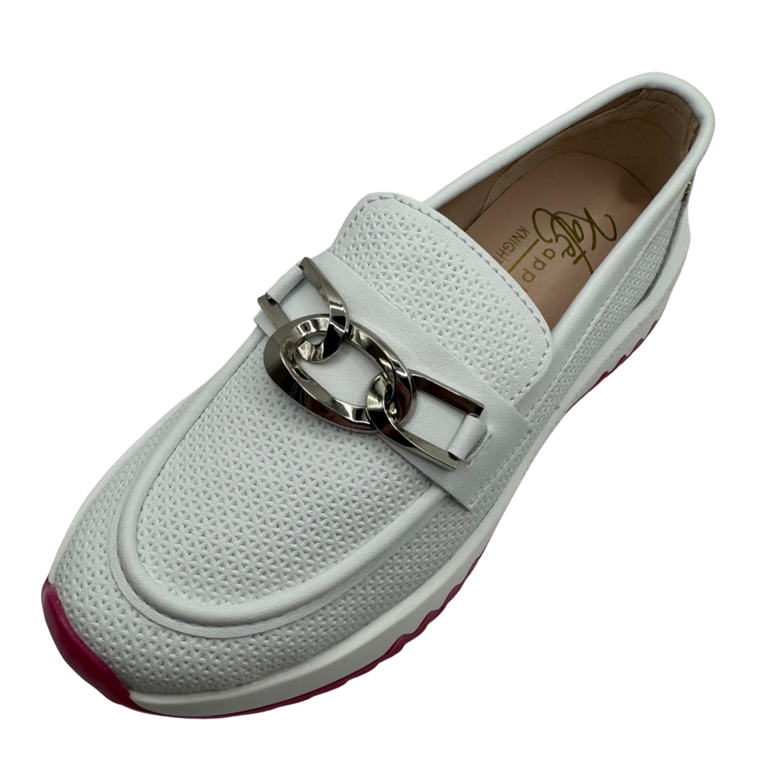 Kate Appleby White Loafers with Silver Chain Detail