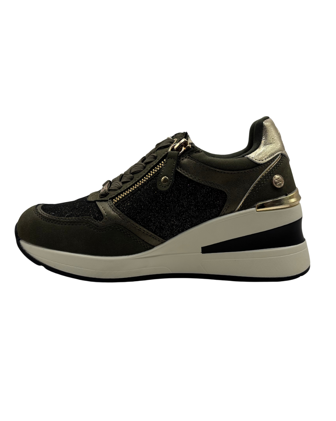 XTI Sparkle Green Wedged Trainer with Gold Detail