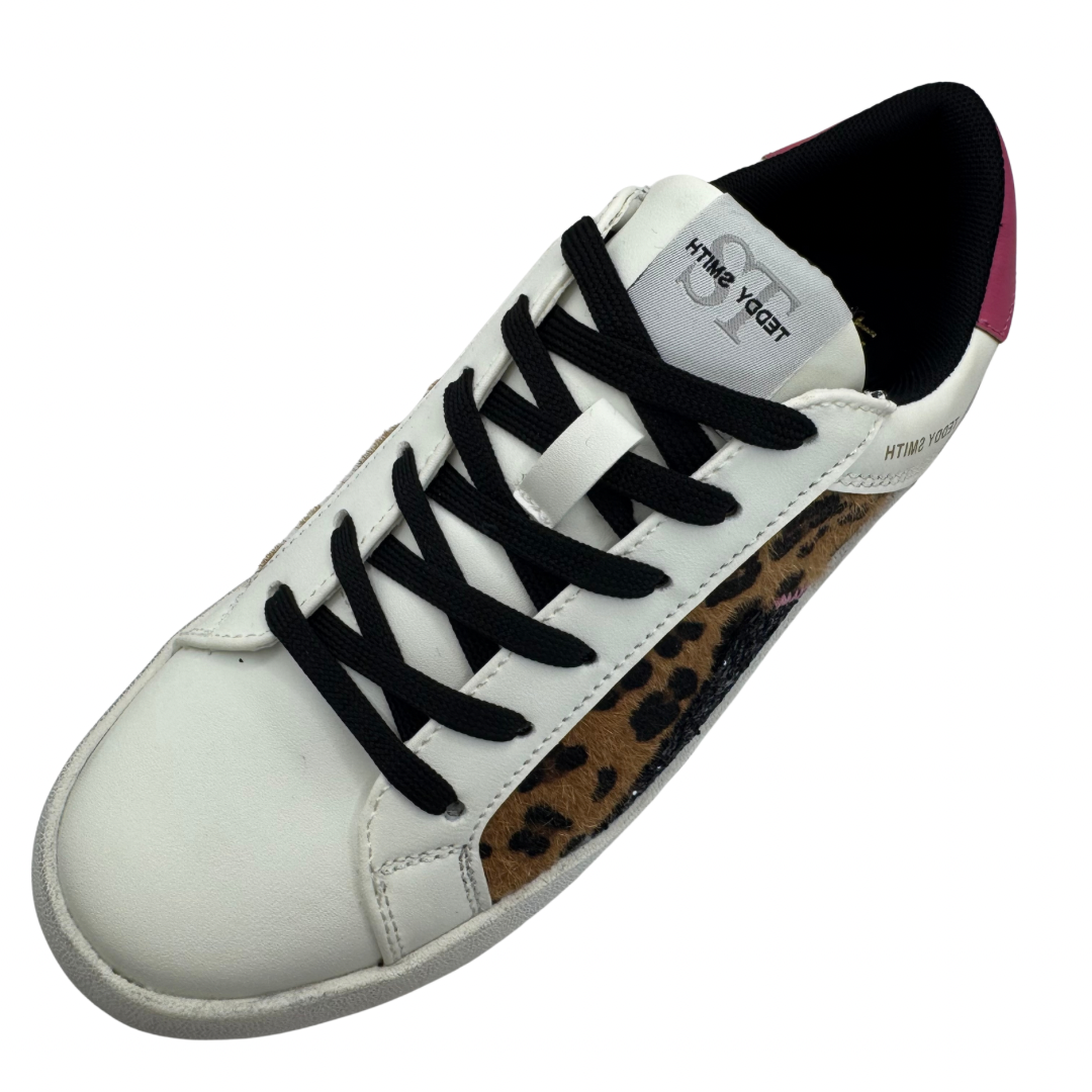 Teddy Smith White &amp; Leopard Print Trainers with Pink Detail