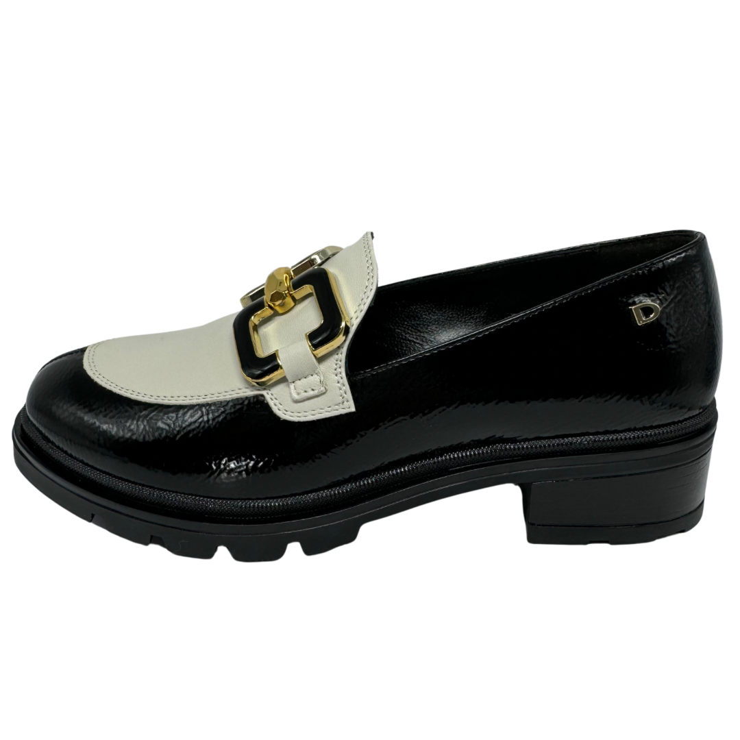 Donna Serena Black Patent and Cream Leather Loafers