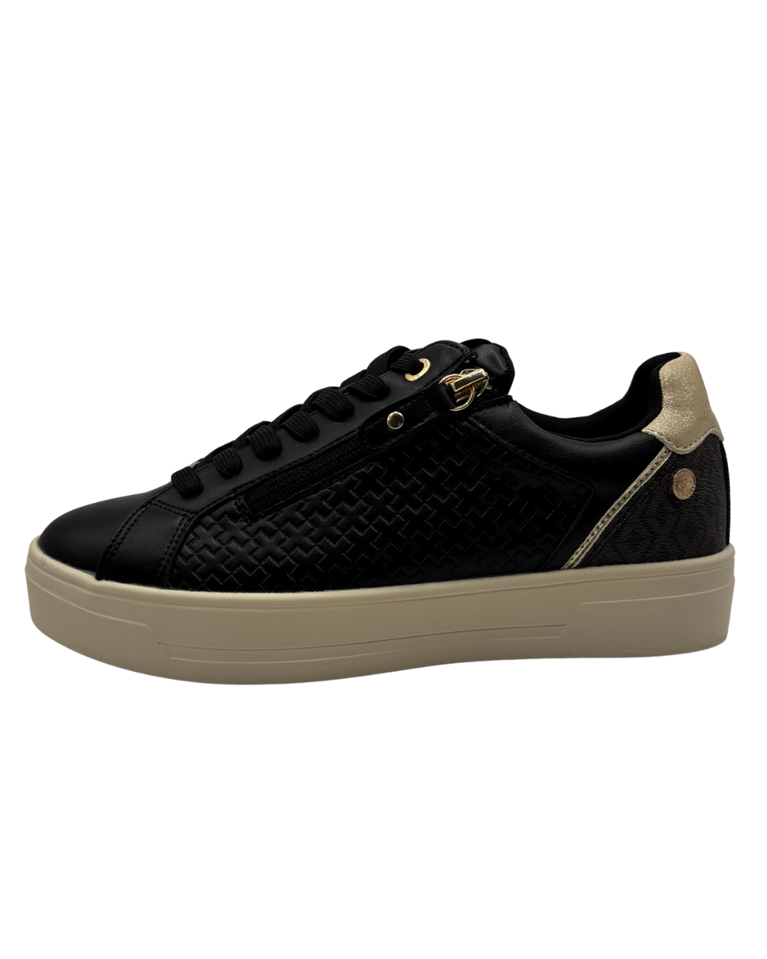 XTI Black Platform Trainer with Gold Zip Detail