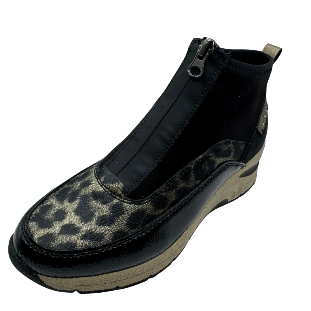 Rieker Black &amp; Leopard Print Wedged Trainer Boots with Front Zip