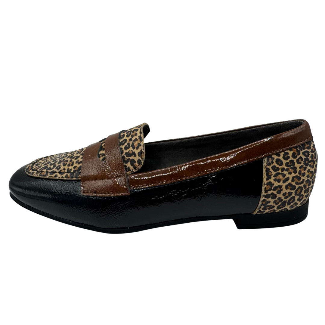 Pitillos Black &amp; Leopard Print Loafers with Brown Detail