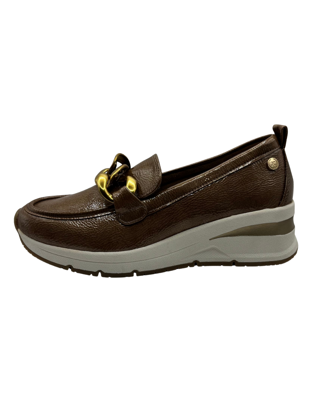 XTI Brown Wedged Loafer with Gold Buckle Detail