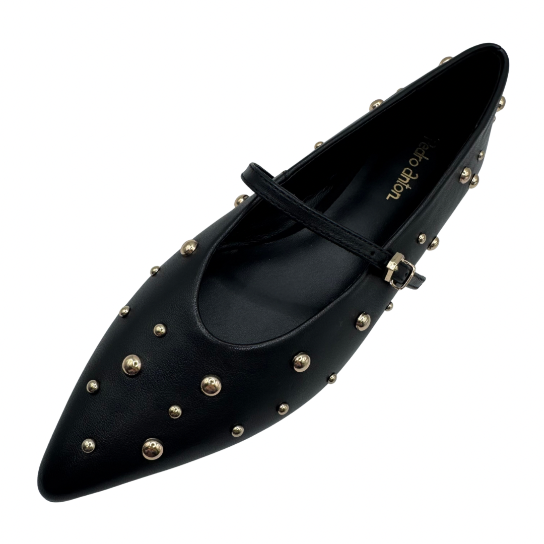 Pedro Anton Black Shoe with Buckle Strap and Gold Stud Detail