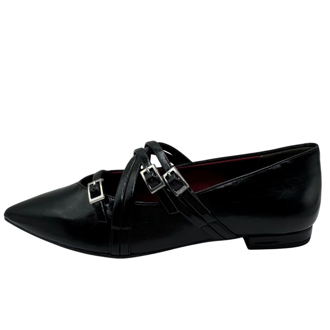 Tamaris Black Patent Pointed Shoe with 3 Buckle Detail