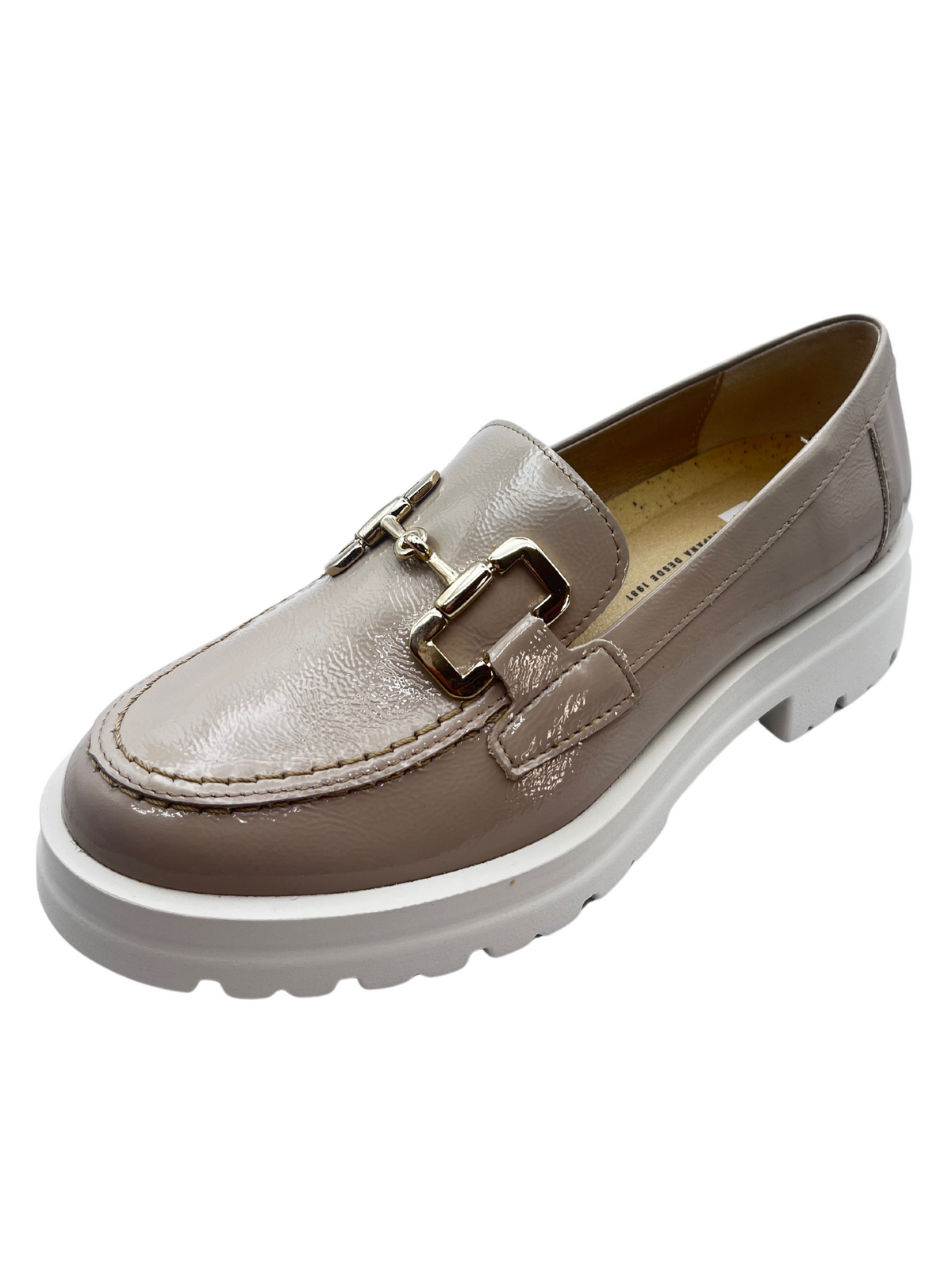 Pitillos Taupe Patent Loafer With Gold Chain