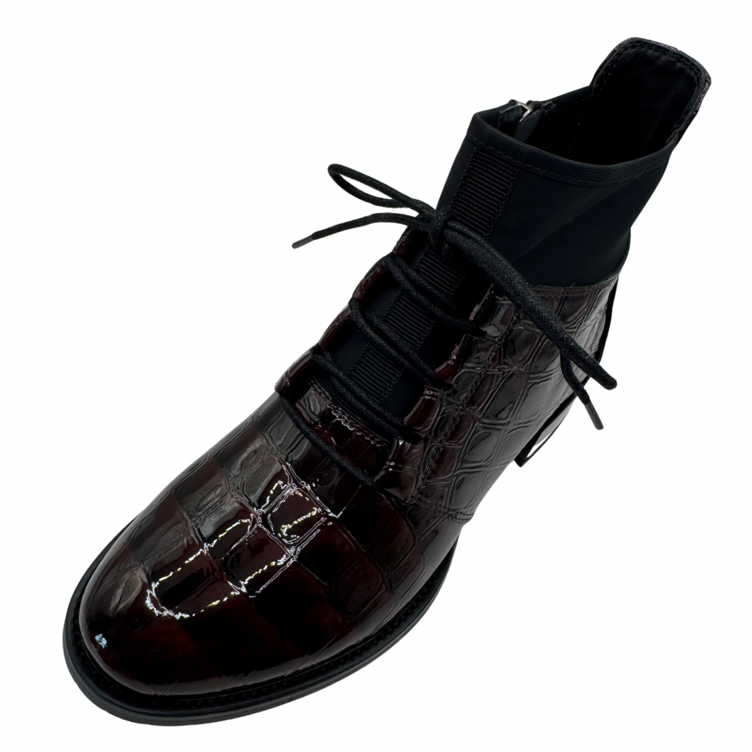 Loretta Vitale Wine Boots with Patent Croc Detail &amp; Laces