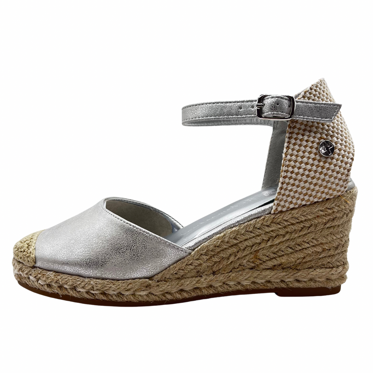 Xti Silver and Woven Wedge Closed Toe Sandals