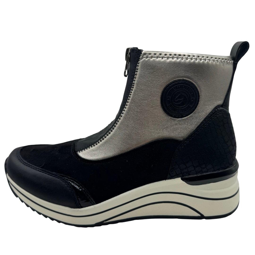 Remonte Black &amp; Silver Wedged Trainer Boots with Front Zip