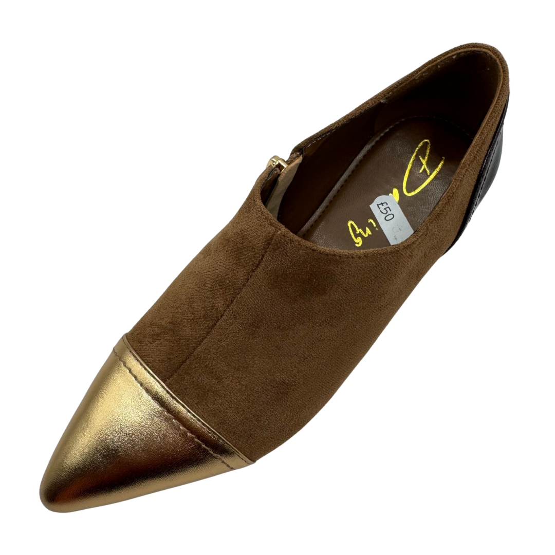 Dancing Matilda Brown Suede Heeled Ankle Boots with Gold Toe Detail