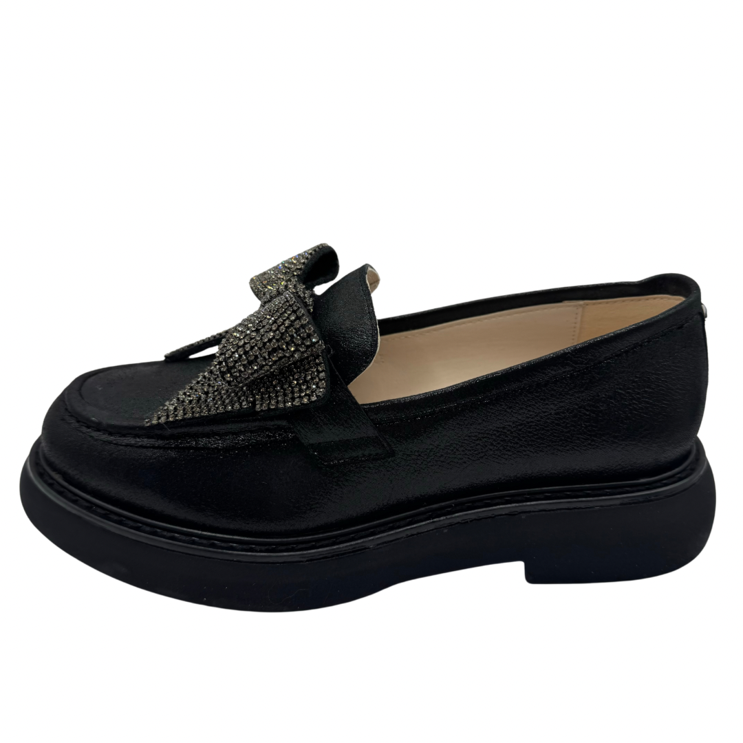 Marian Black Loafers with Diamanté Bow