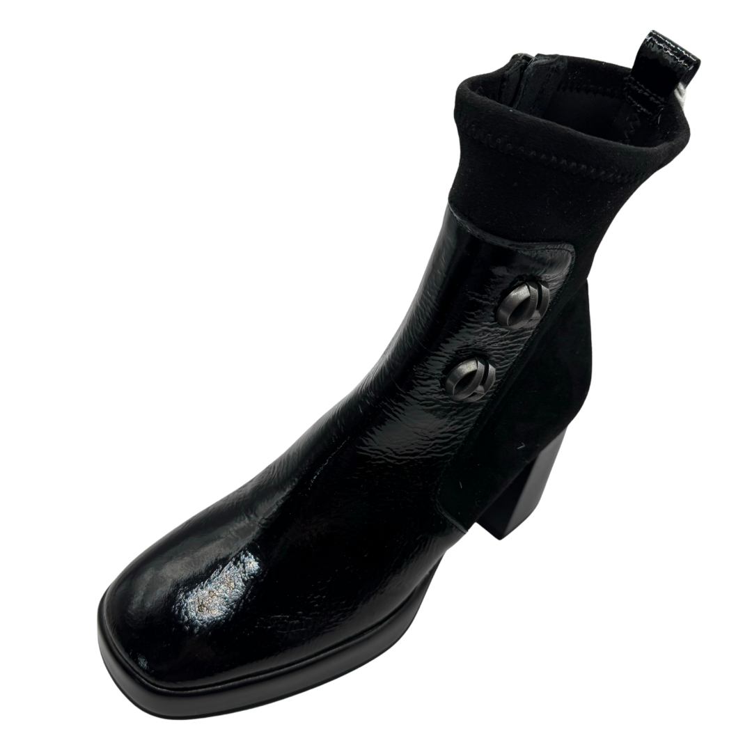 Hispanitas Black Heeled Boots with Patent and Button Detail