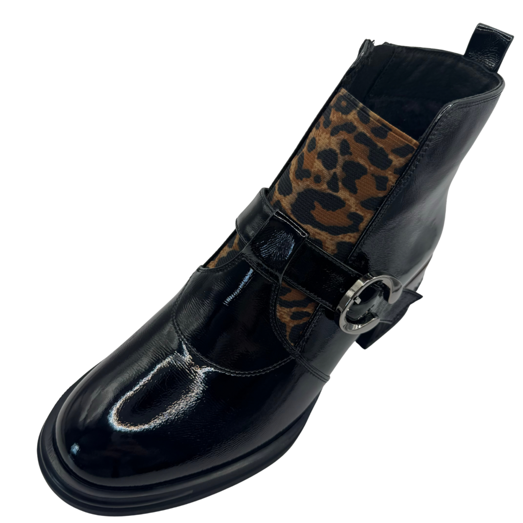 Loretta Vitale Black Patent Heeled Boots with Leopard Print &amp; Buckle Detail