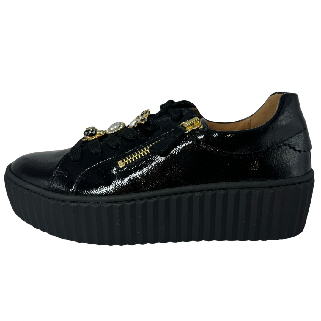 Gabor Black Patent Trainers with Jewels on Laces