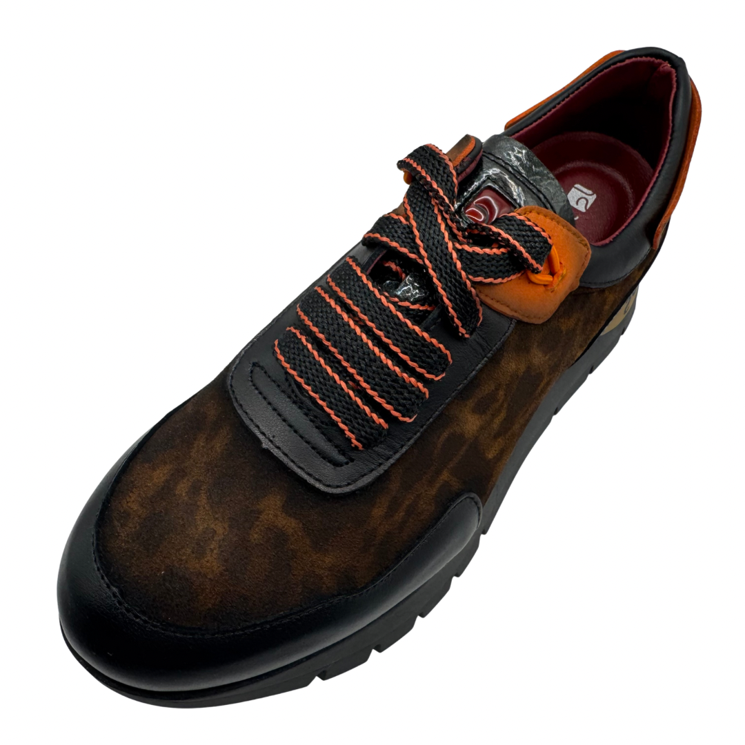 Jose Saenz Black &amp; Leopard Print Trainers with Orange Detail