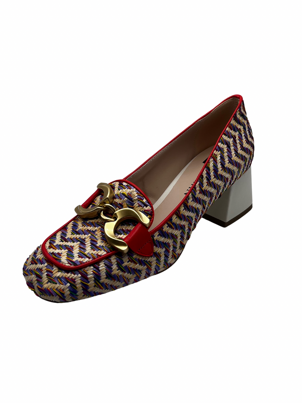 Marian Multi Colour Block Heel Tweed Loafer With Chain Detail