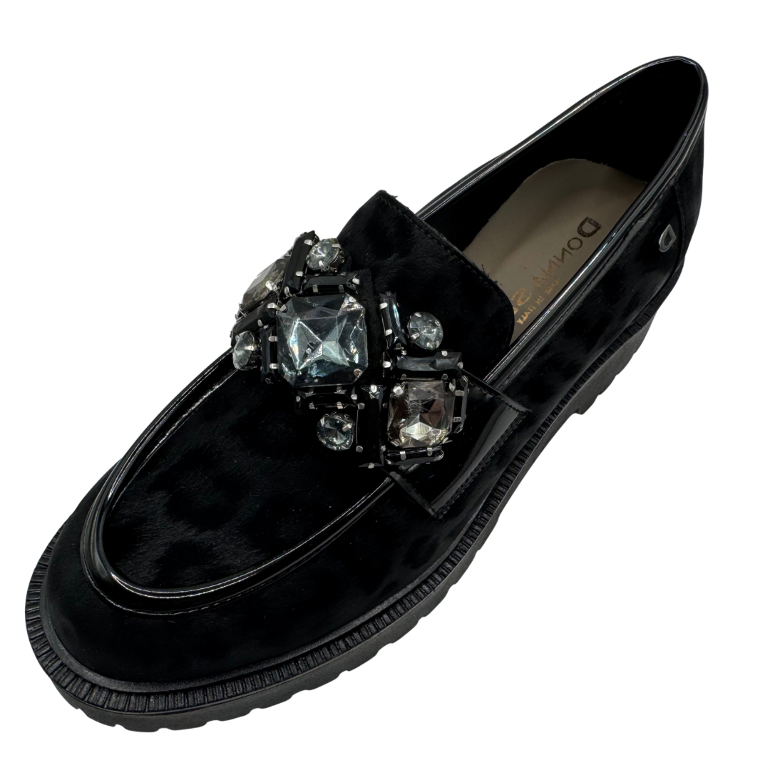 Donna Serena Black Leopard Print Loafers with Jewel Detail