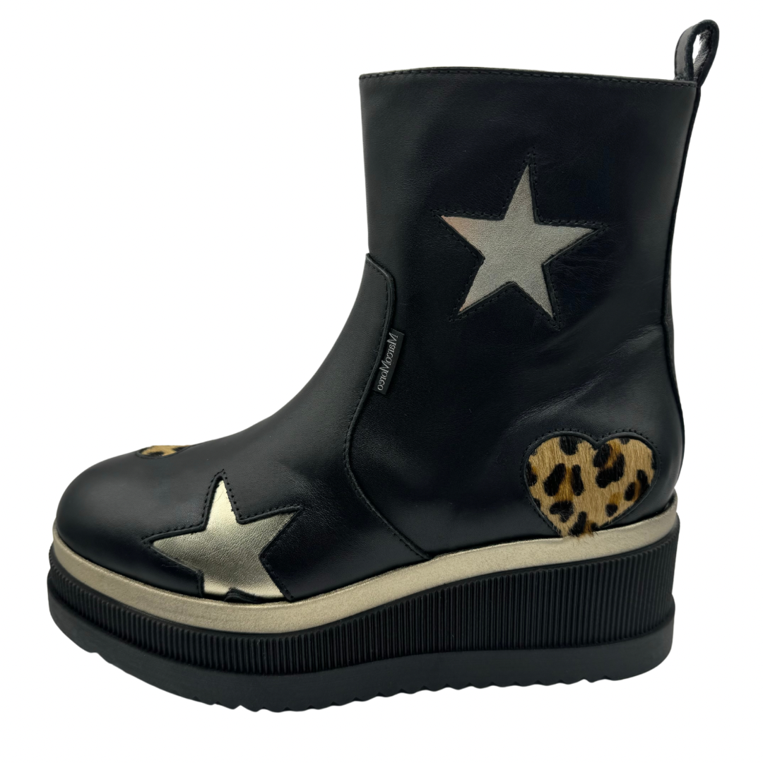 Marco Moreo Wedge Stars &amp; Heart Black Leather Boots