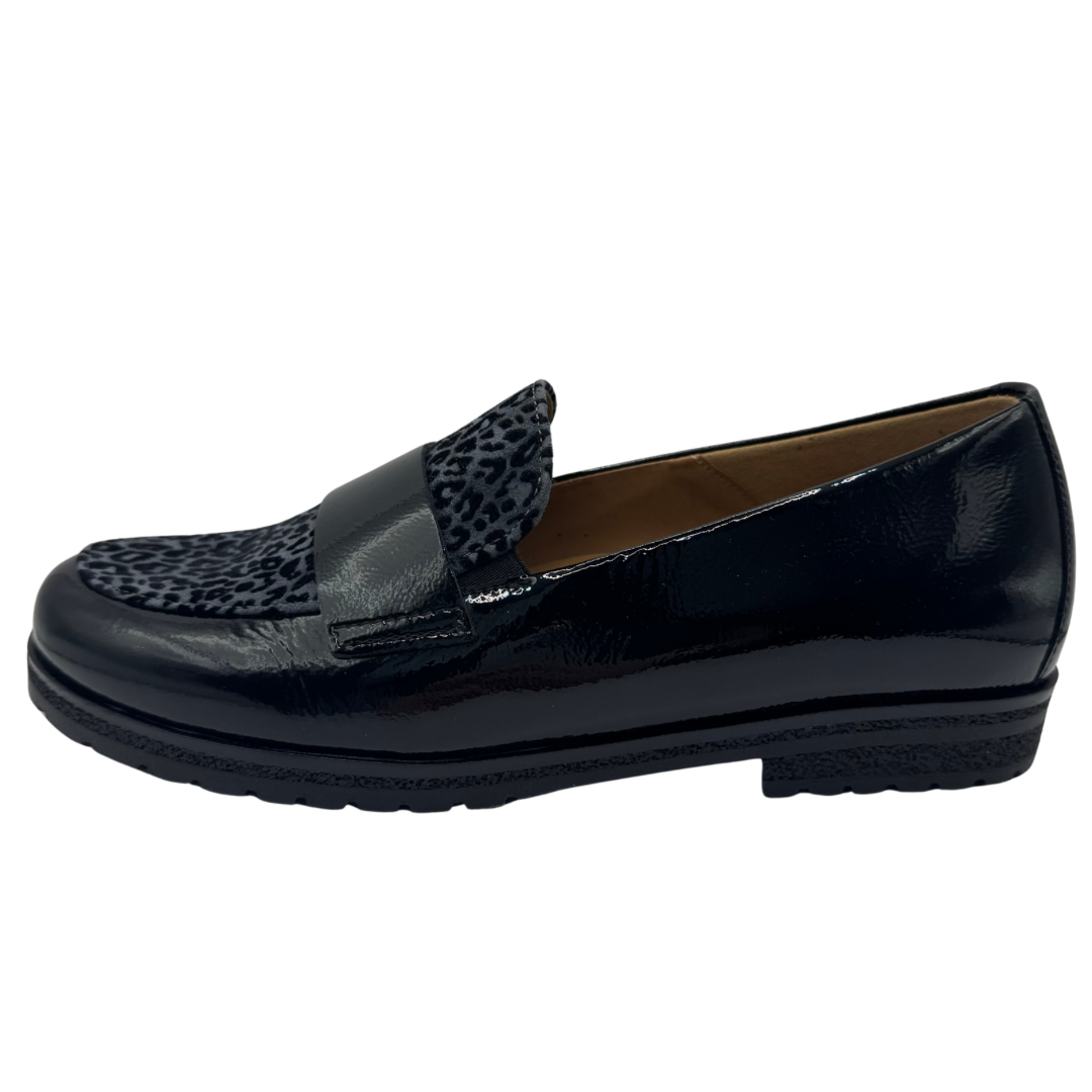 Gabor Black Patent Loafers with Leopard Print Detail
