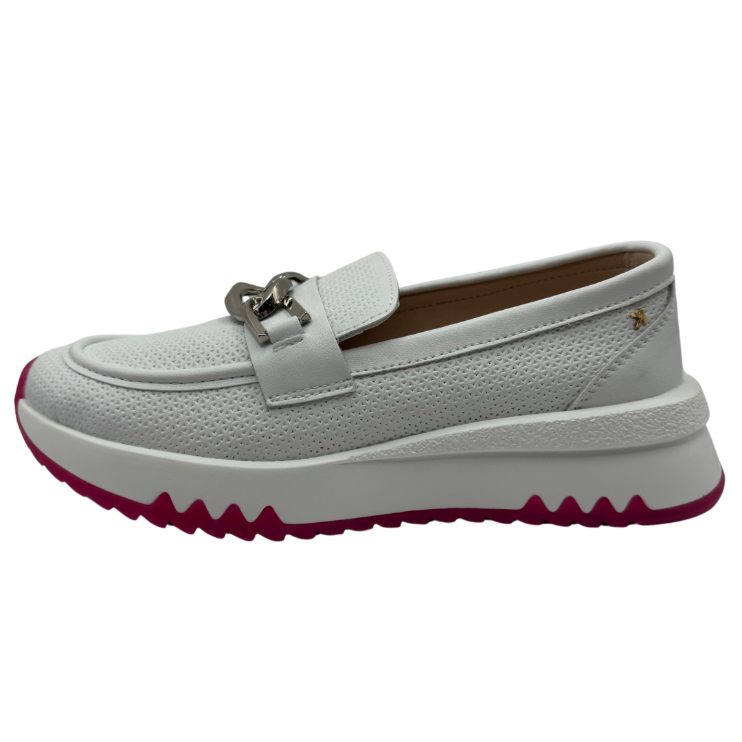 Kate Appleby White Loafers with Silver Chain Detail