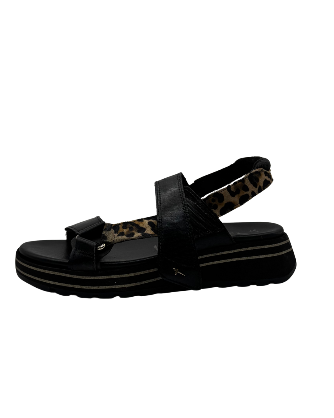 Tamaris Black Sandal With Leopard Print Velcro Strap