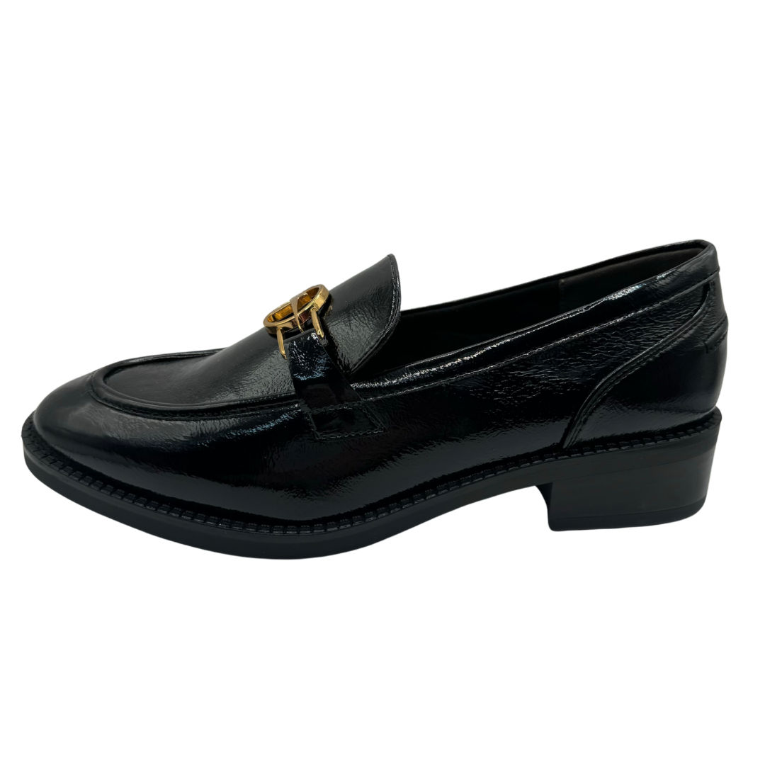 Tamaris Black Patent Loafers with Gold Detail