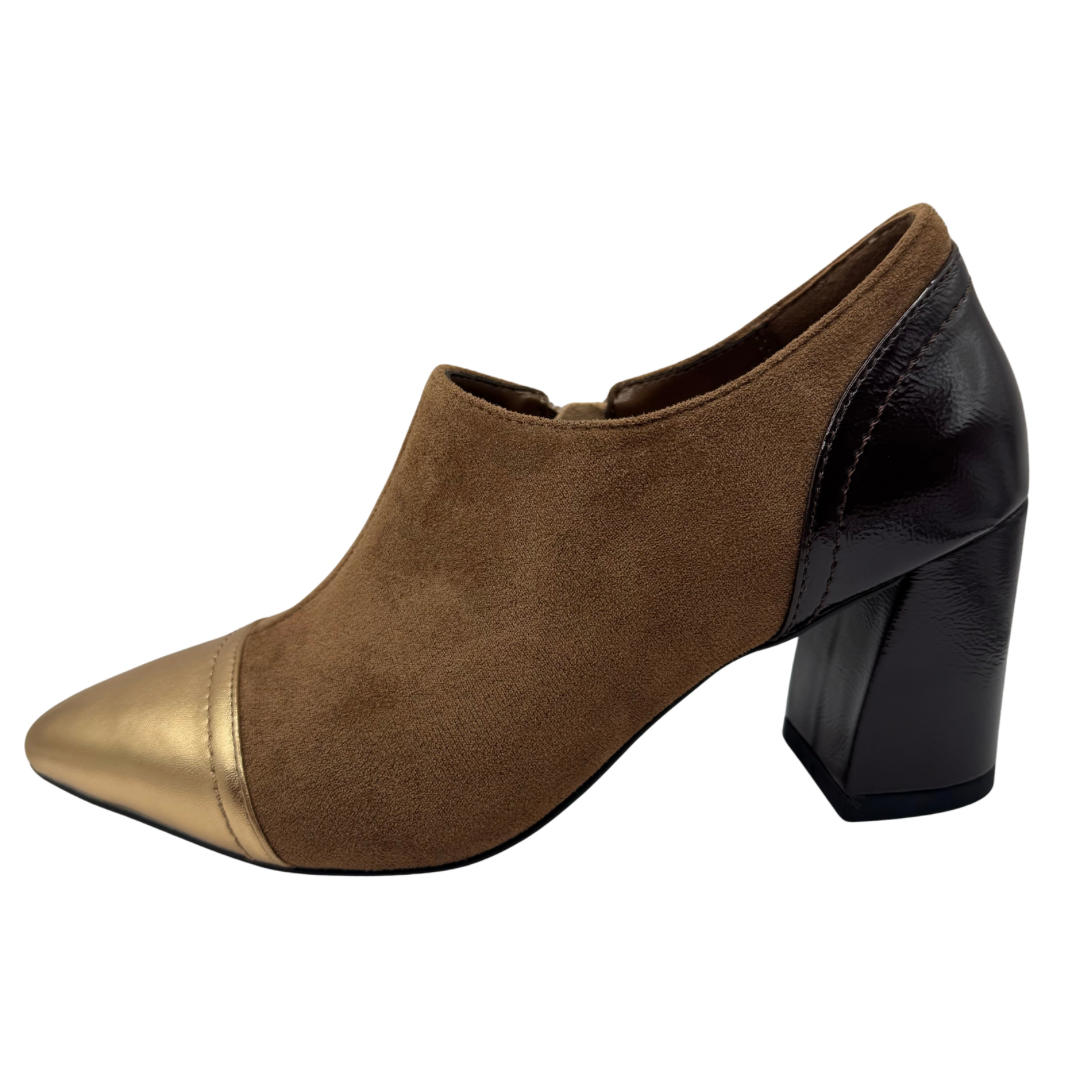 Dancing Matilda Brown Suede Heeled Ankle Boots with Gold Toe Detail