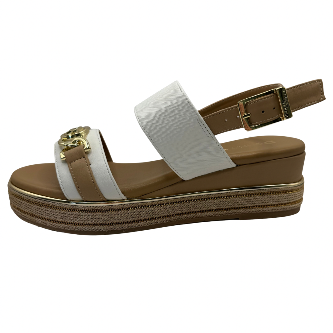 Donna Serena White Wedge Sandals with Gold Buckle Detail
