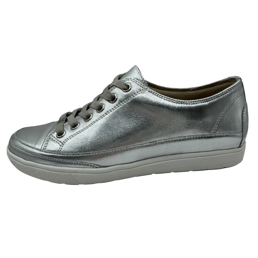 Caprice Silver Metallic Leather Trainers with White Sole