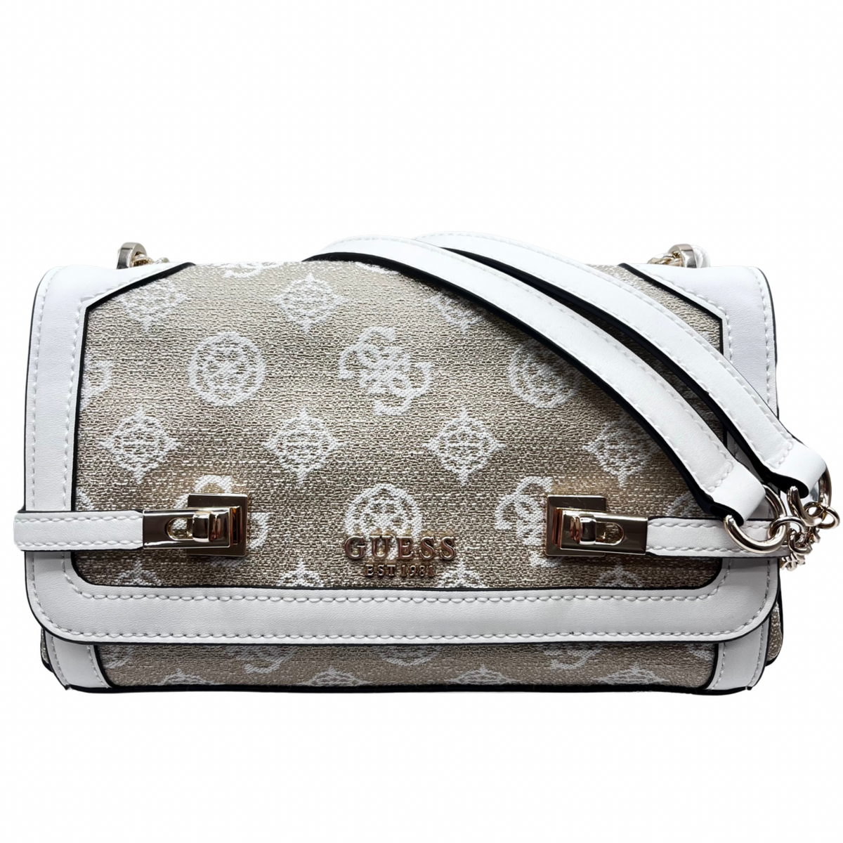 Guess White and Beige Logo Print ShoulderBag
