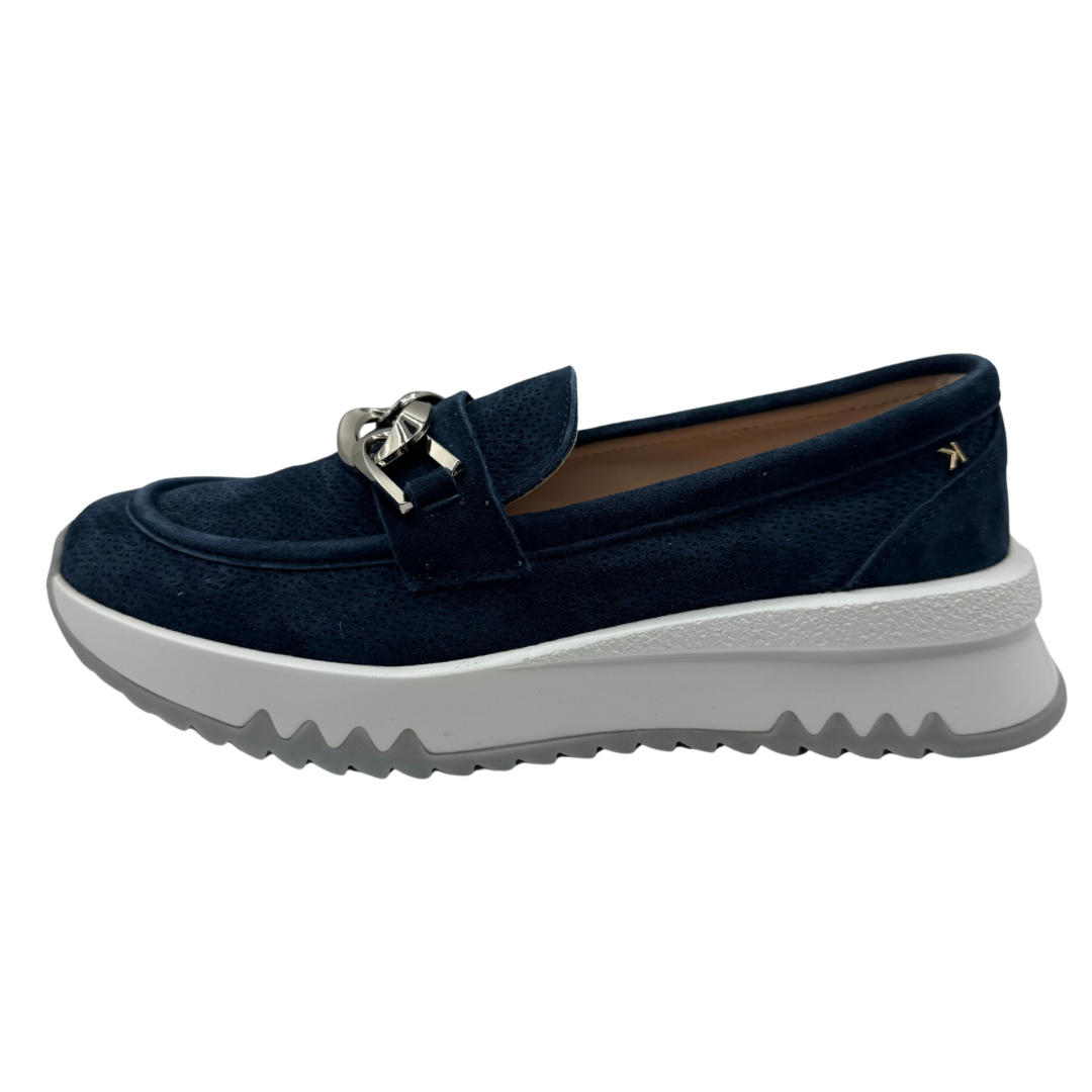 Kate Appleby Navy Suede Loafers with Gold Chain Detail