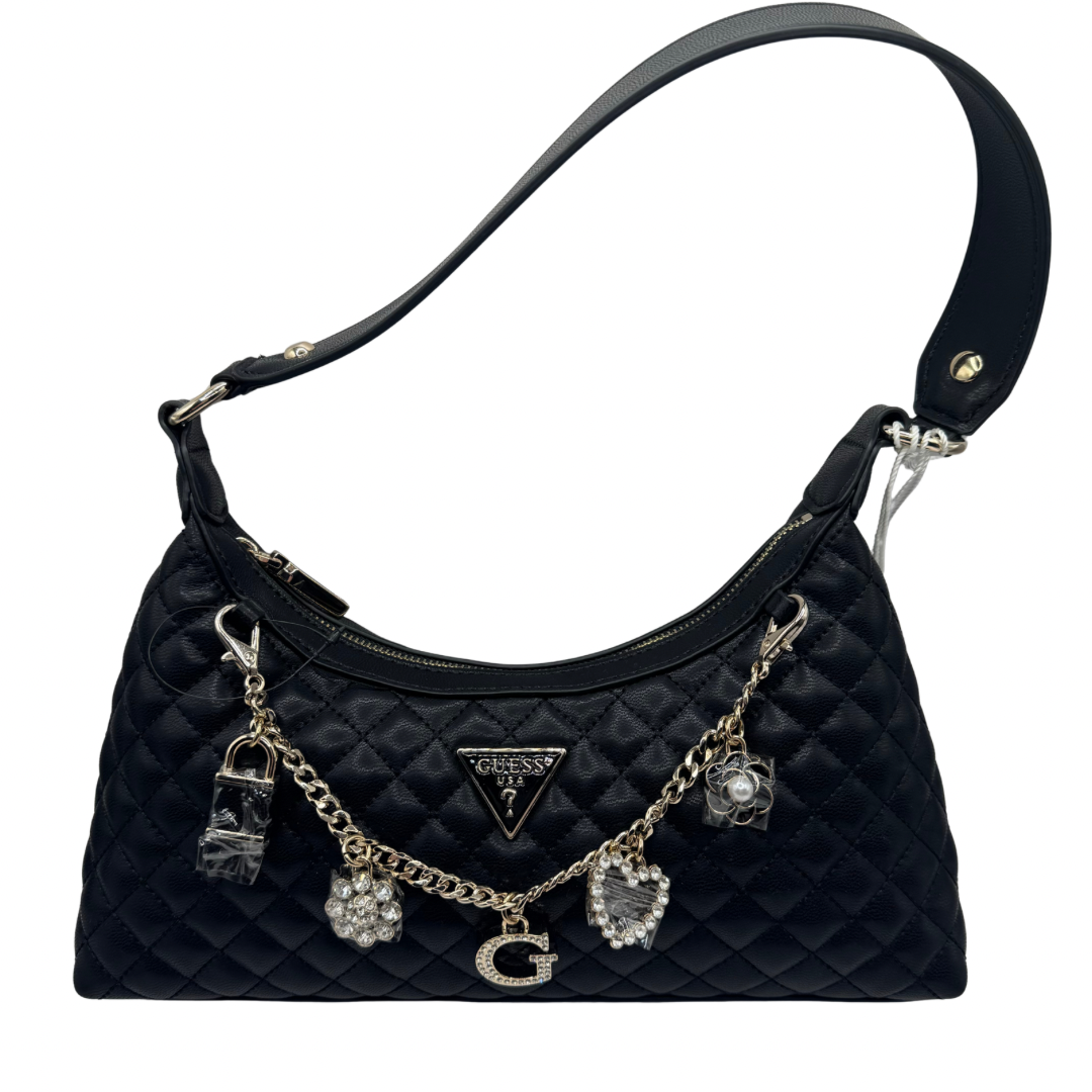 Guess Black Quilted Shoulder Bag with Charm Detail