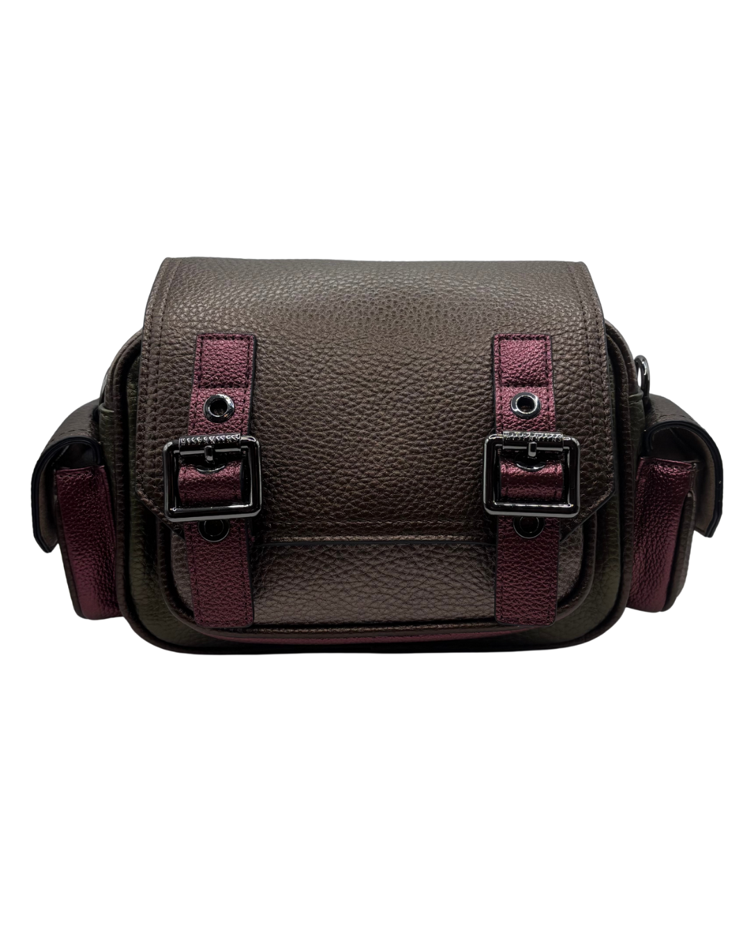 Hispanitas Brown, Green and Burgundy Crossbody Bag with Buckle Detail