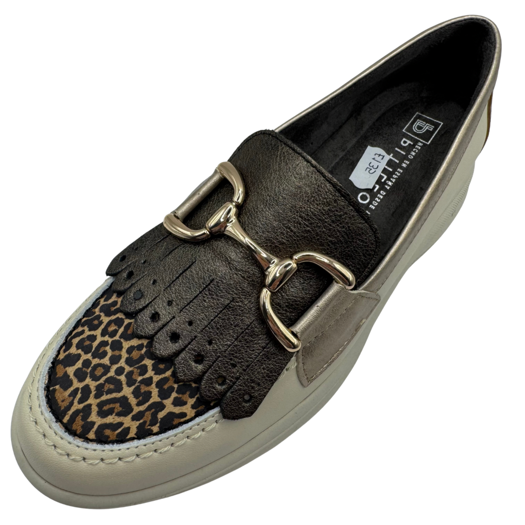 Pitillos Cream &amp; Leopard Print Wedged Loafers