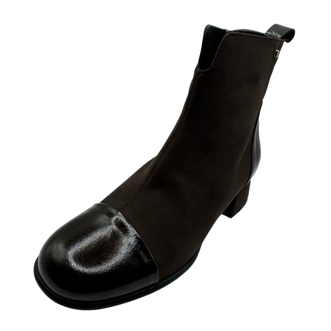 Donna Serena Dark Brown Heeled Boots with Patent Toe