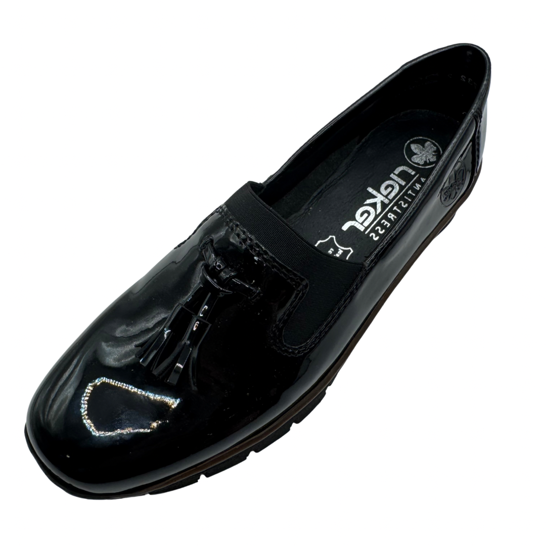 Rieker Black Patent Wedged Loafer with Tassle Detail