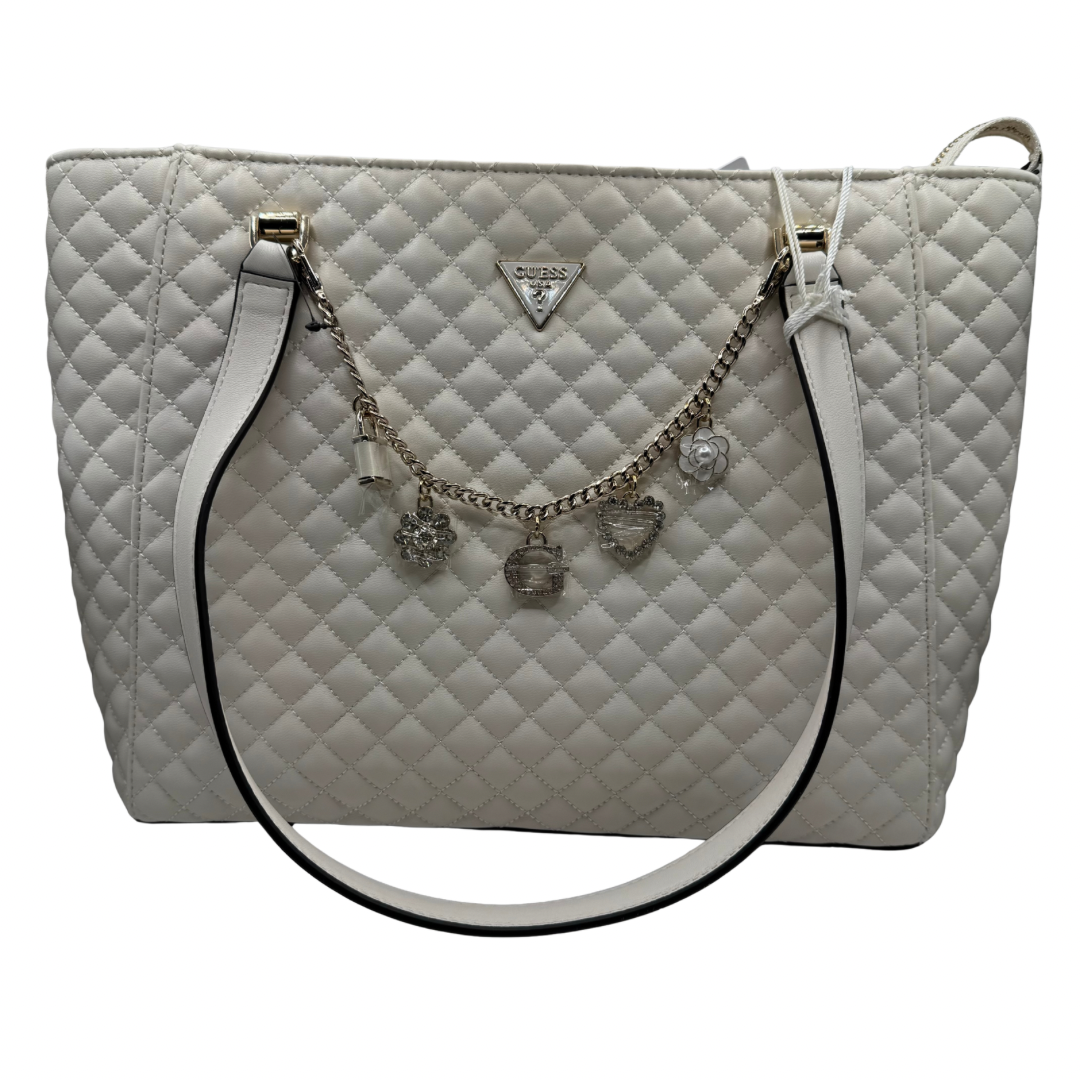 Guess Off White Quilted Large Handbag with Charm Detail
