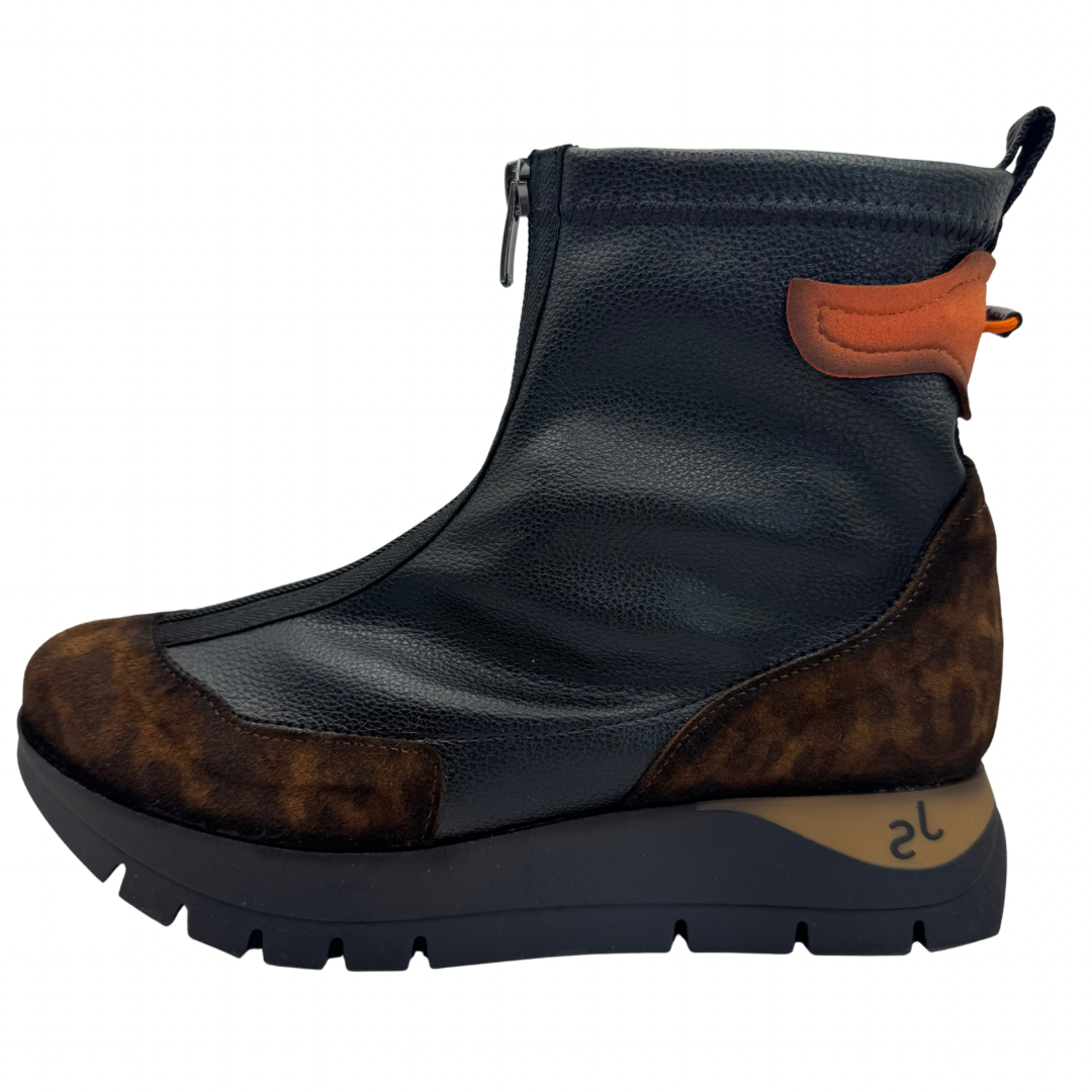 Jose Saenz Black &amp; Leopard Print Boots with Orange Detail