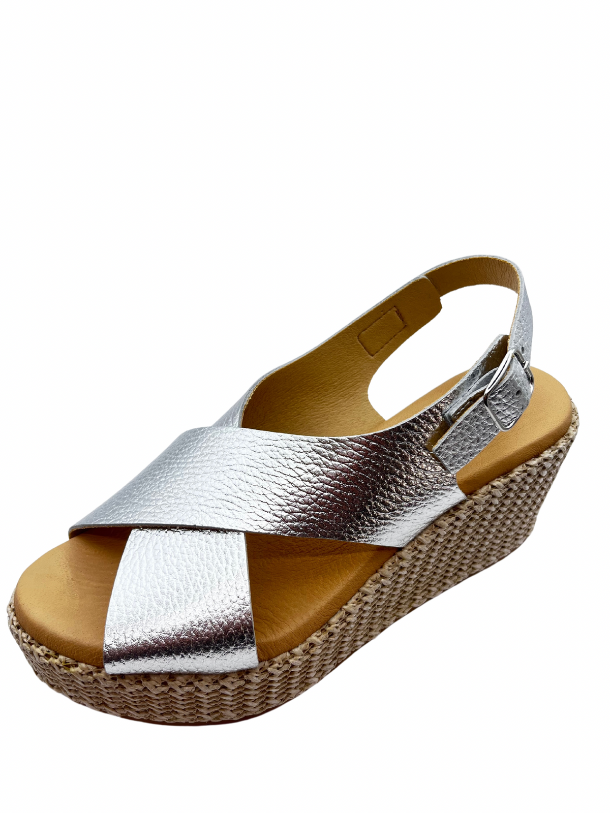 Pitillos Silver Leather Crossover Wedge Sandals