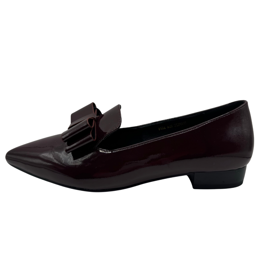 Dancing Matilda Burgundy Patent Pointed Loafers with Bow Detail