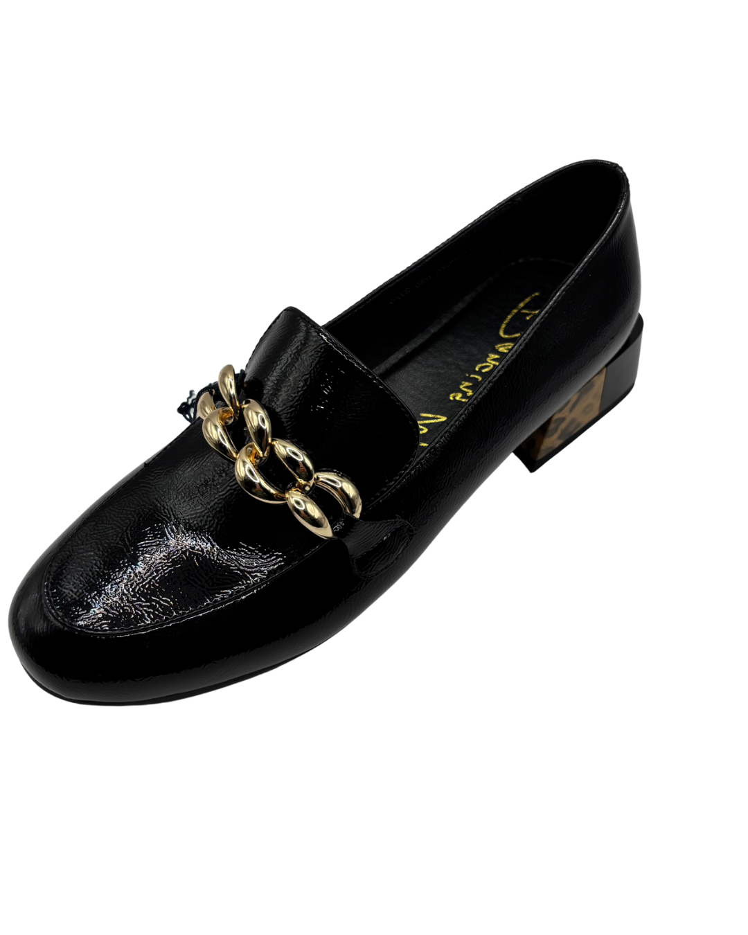 Dancing Matilda Black Patent Loafer with Gold Chain