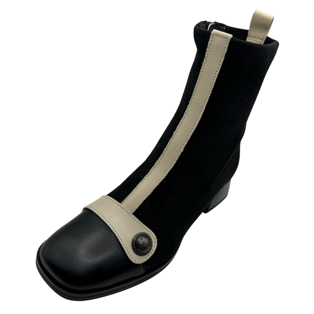 Hispanitas Black Heeled Boots with Cream and Button Detail