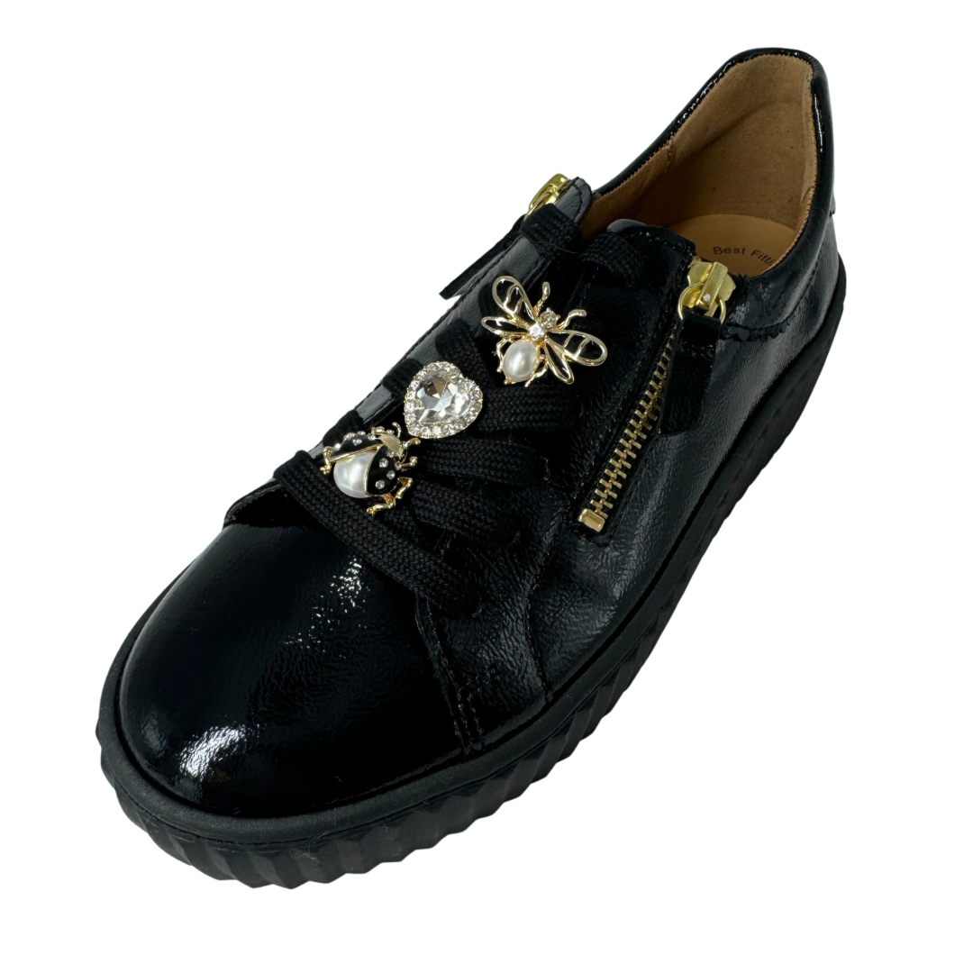 Gabor Black Patent Trainers with Jewels on Laces