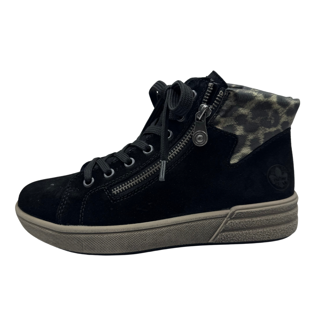 Rieker Black Trainer Boots with Leopard Print Detail