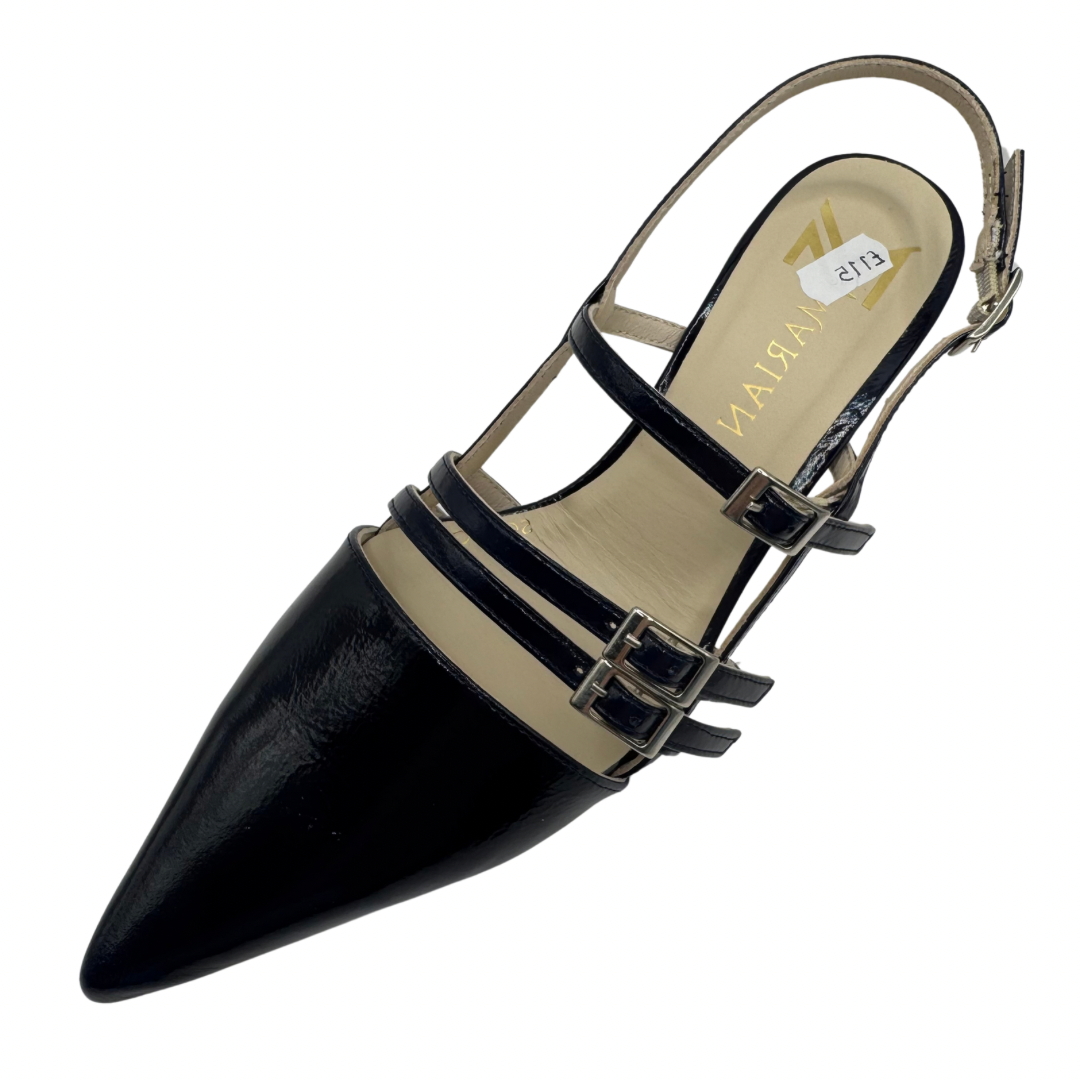 Marian Navy Patent Kitten Heel with 3 Buckle Straps